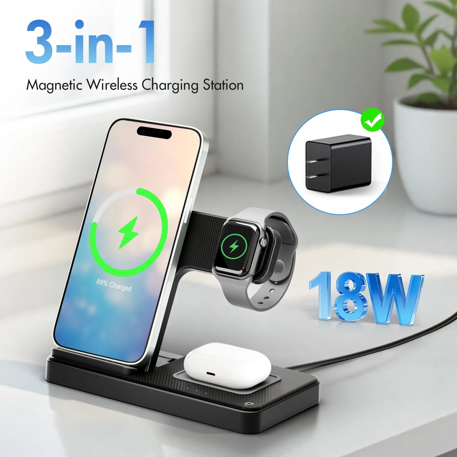 Wireless Charger, Magnetic Fast Charging Stand Compatible with Iphone 16- 8 Pro Max plus XS XR X, for Apple Watch 9-2 SE, for Airpods 3 2 Pro, 3 in 1 Charging Station