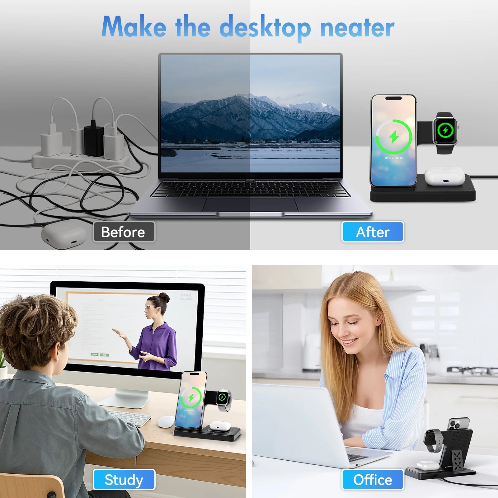 Wireless Charger, Magnetic Fast Charging Stand Compatible with Iphone 16- 8 Pro Max plus XS XR X, for Apple Watch 9-2 SE, for Airpods 3 2 Pro, 3 in 1 Charging Station