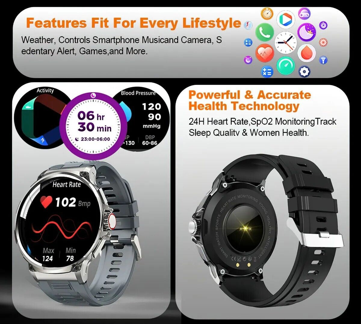  Smartwatch 1.85" Ultra HD GPS Bluetooth Call Health Monitoring Watch Gym Gift